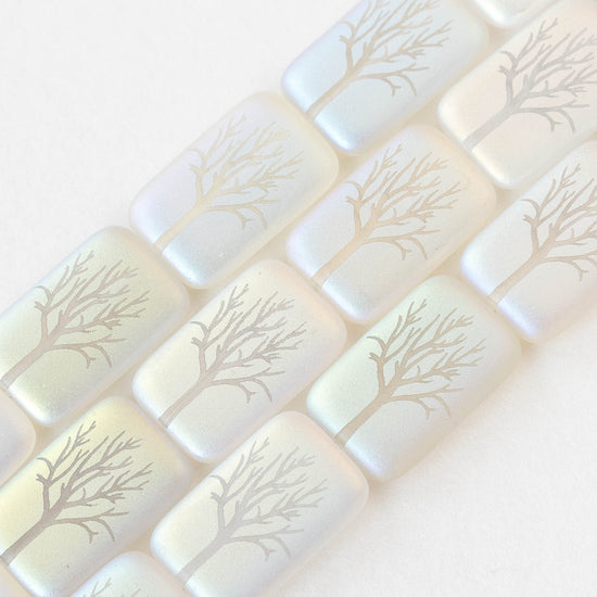 19mm Rectangle Beads - Crystal White AB with Wintry Tree - 2 or 6 Beads