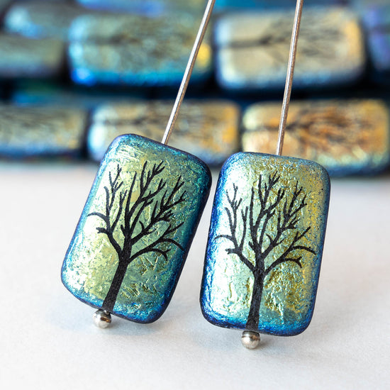 19mm Rectangle Beads - Etched Wintry Tree - 6 Beads