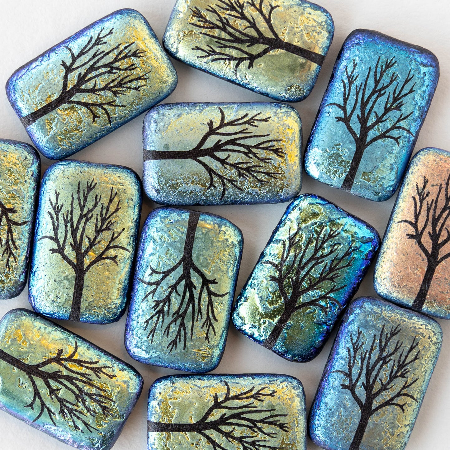 19mm Rectangle Beads - Etched Wintry Tree - 6 Beads