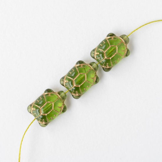 Glass Turtle Beads - Green with Gold Wash  - 4 beads