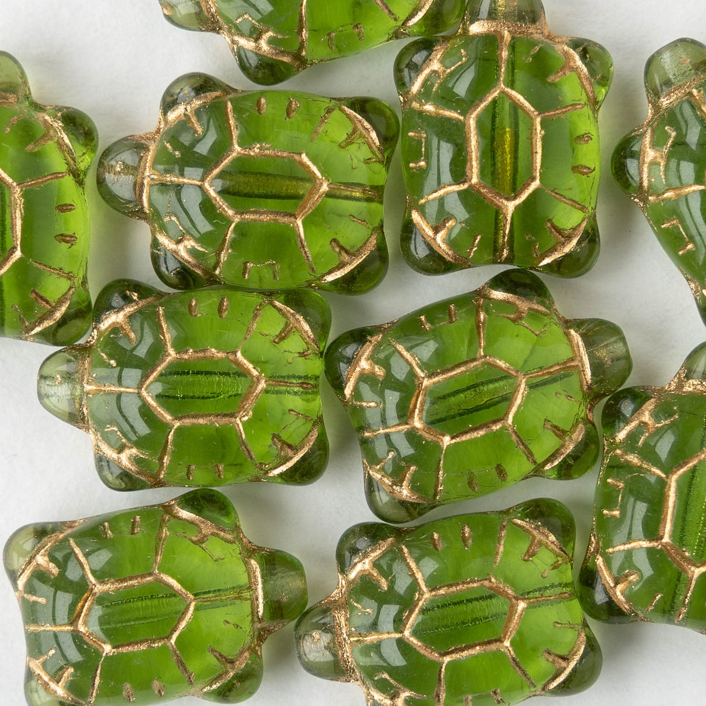 Glass Turtle Beads - Green with Gold Wash  - 4 beads