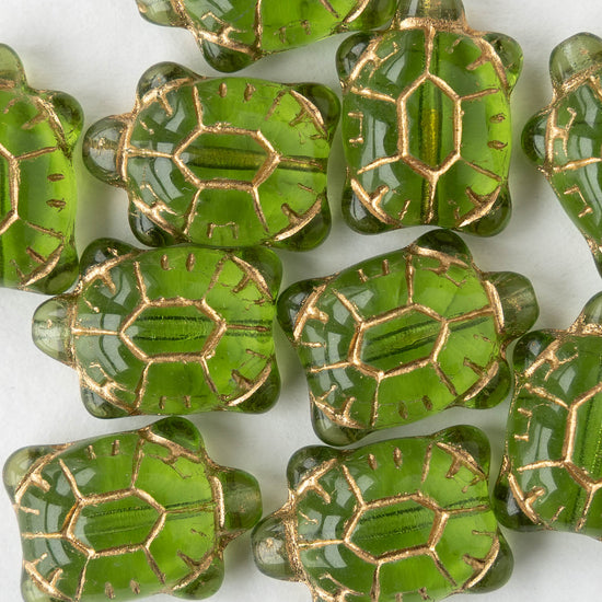 Glass Turtle Beads - Green with Gold Wash  - 4 beads