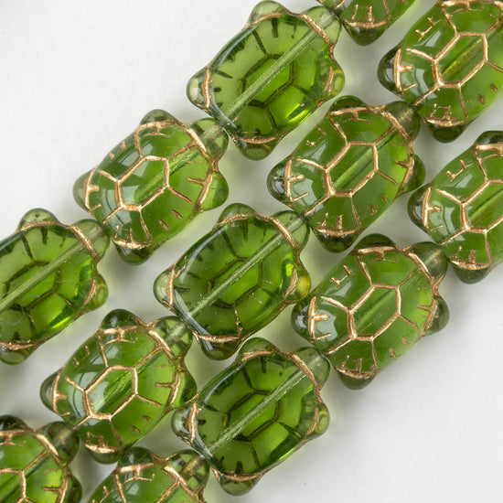 Glass Turtle Beads - Green with Gold Wash  - 4 beads