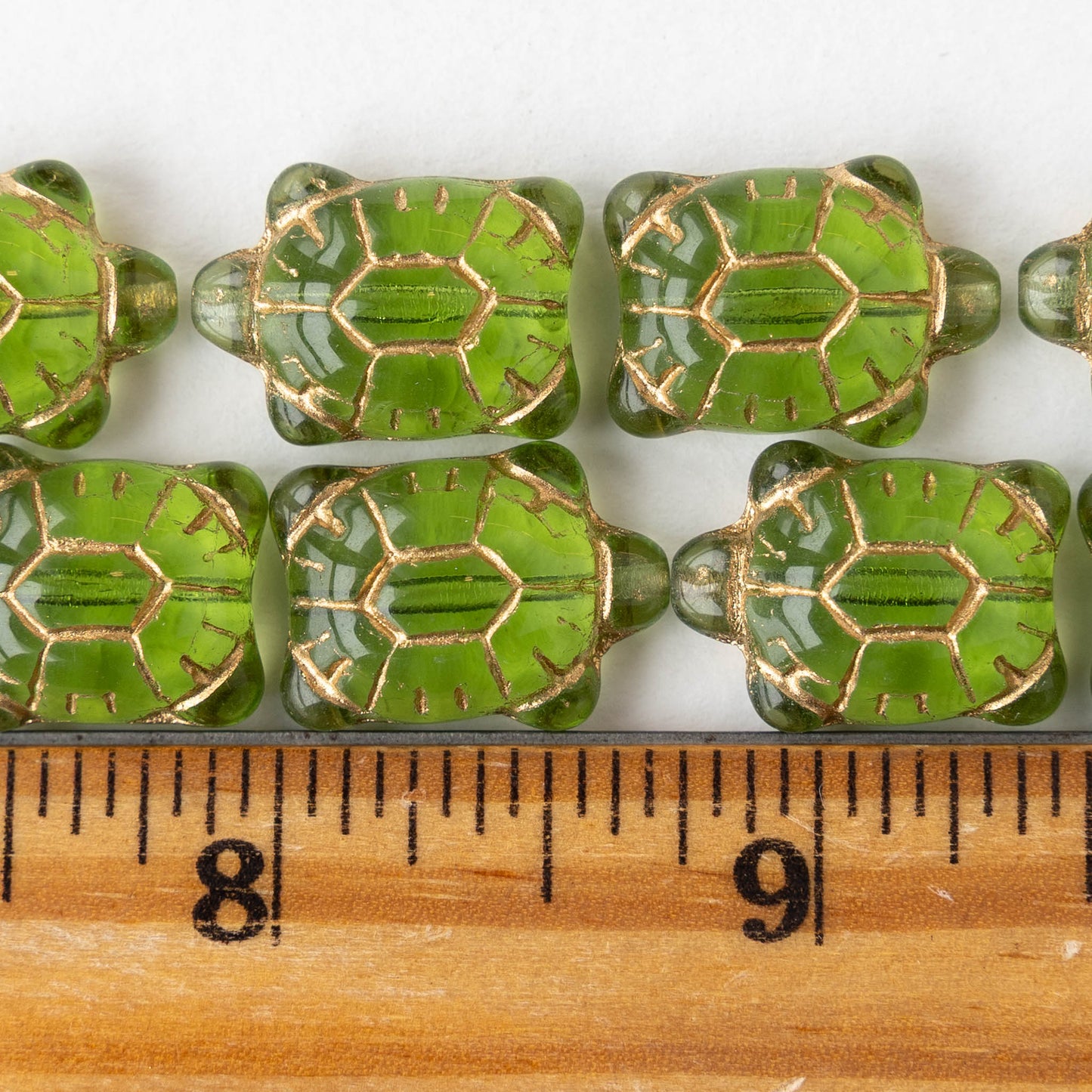 Glass Turtle Beads - Green with Gold Wash  - 4 beads