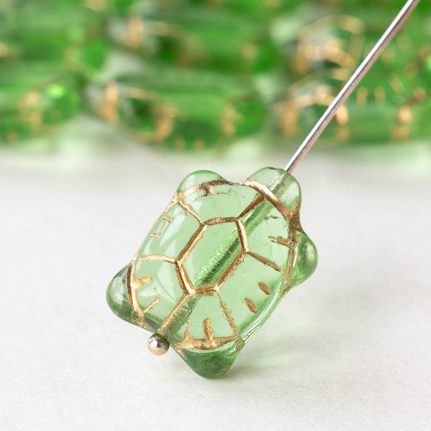 Glass Turtle Beads - Light Green with Gold Wash  - 6 beads