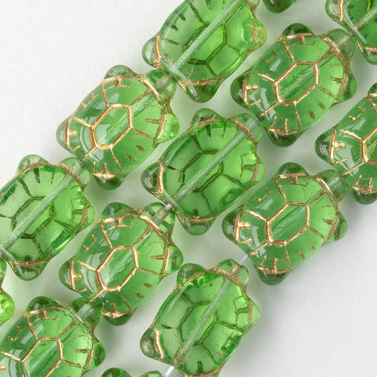 Glass Turtle Beads - Light Green with Gold Wash  - 6 beads