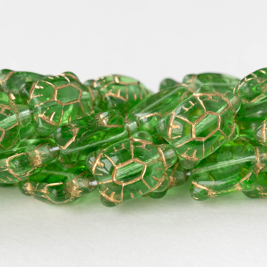 Glass Turtle Beads - Light Green with Gold Wash  - 6 beads