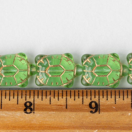 Glass Turtle Beads - Light Green with Gold Wash  - 6 beads