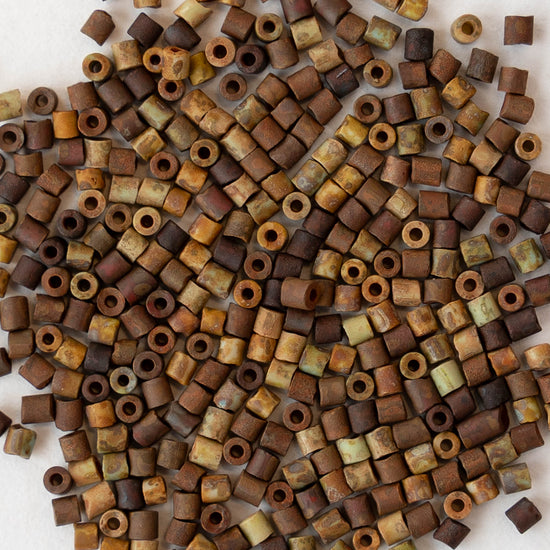Tiny Tube Seed Beads - Earthy brown and Green Matte - 3 Strands
