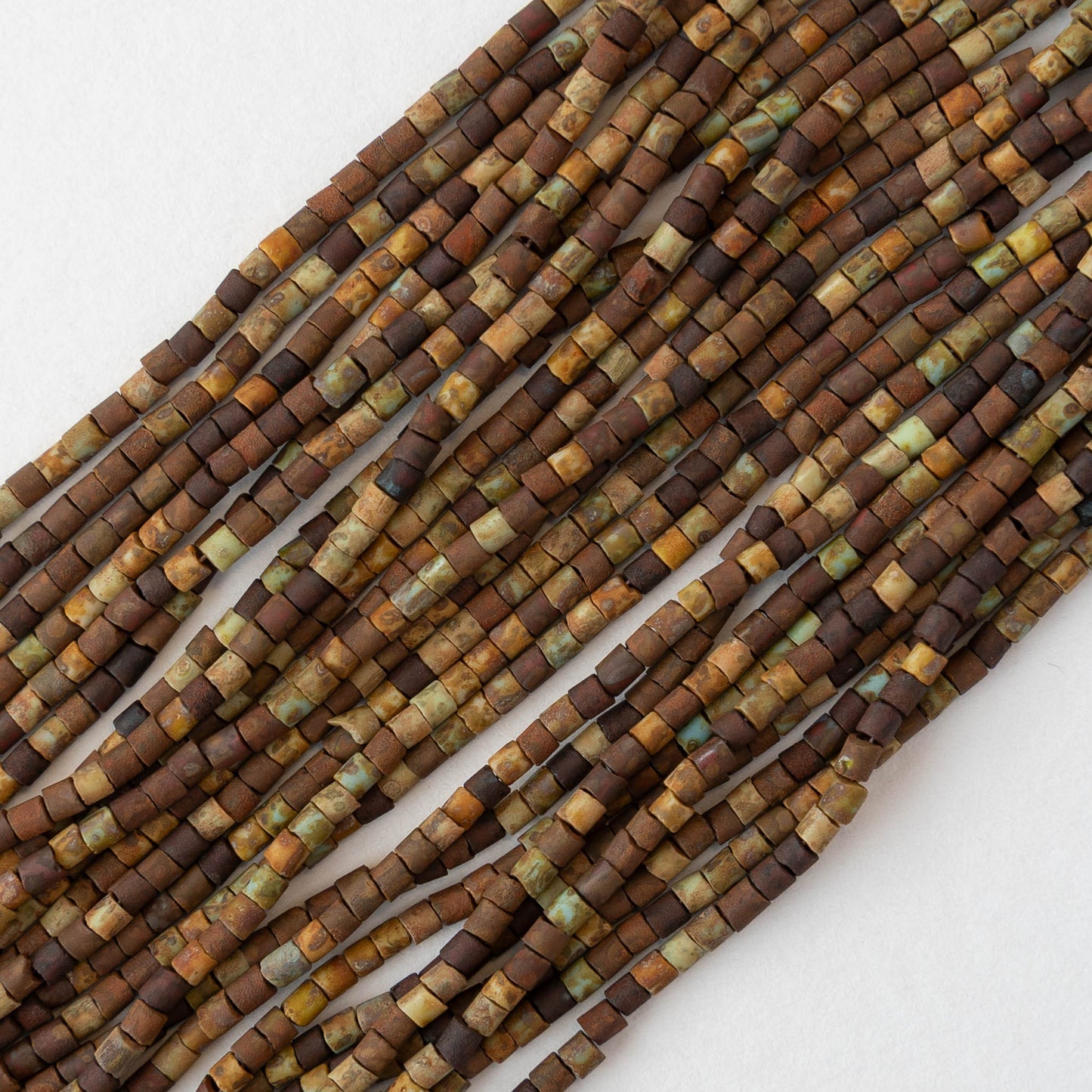Tiny Tube Seed Beads - Earthy brown and Green Matte - 3 Strands