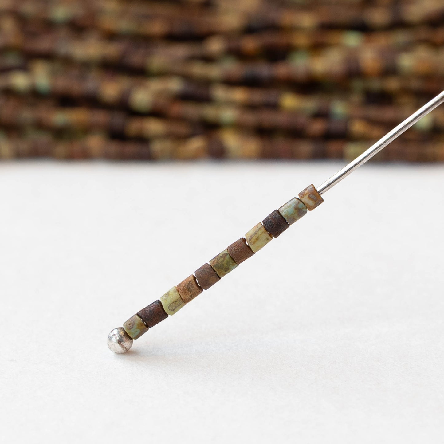 Tiny Tube Seed Beads - Earthy brown and Green Matte - 3 Strands