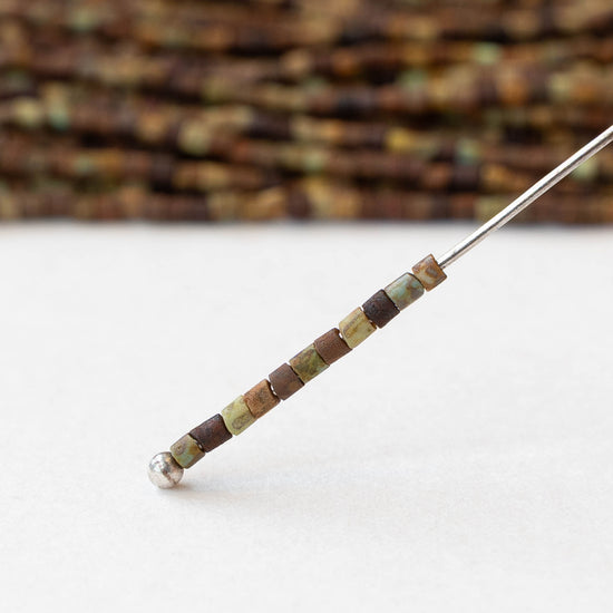 Tiny Tube Seed Beads - Earthy brown and Green Matte - 3 Strands