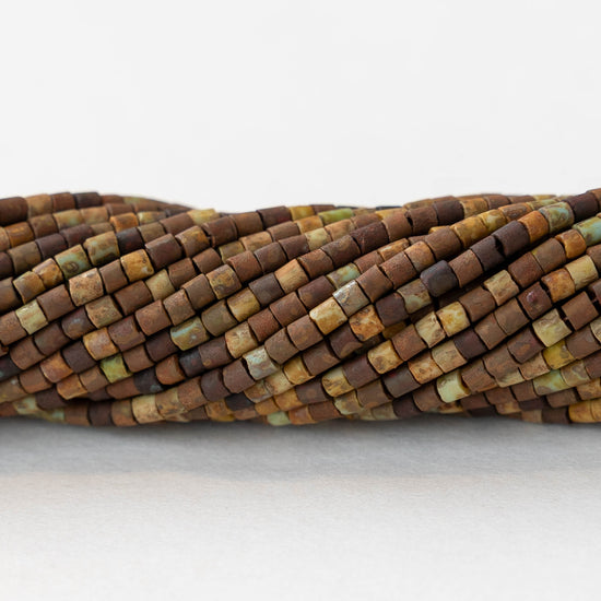 Tiny Tube Seed Beads - Earthy brown and Green Matte - 3 Strands