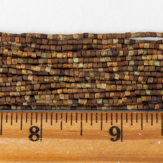 Tiny Tube Seed Beads - Earthy brown and Green Matte - 3 Strands