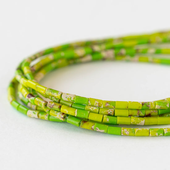 2.5x4mm Synthetic Impression Jasper Tiny Tube  Beads - Green - 15 inch strand ~85 beads