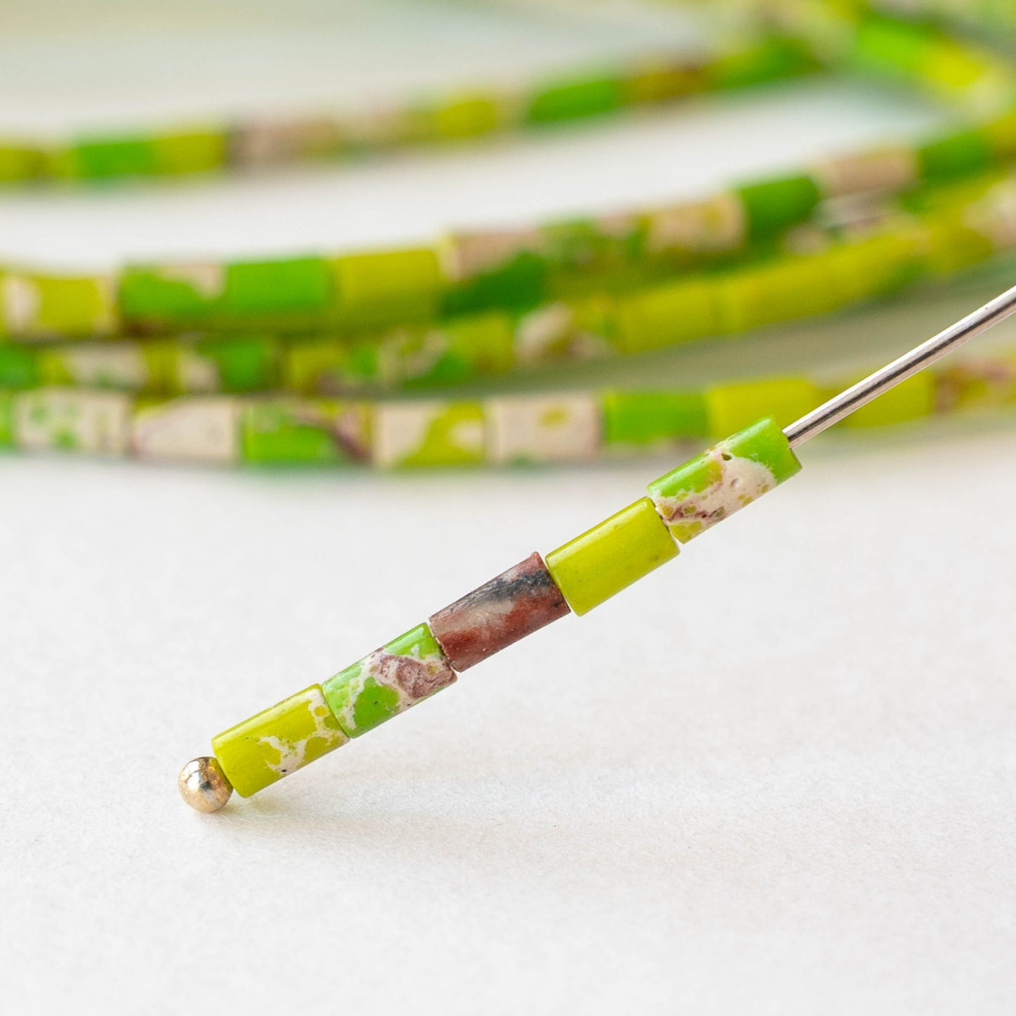2.5x4mm Synthetic Impression Jasper Tiny Tube  Beads - Green - 15 inch strand ~85 beads