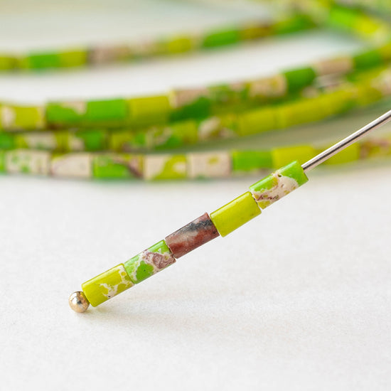 2.5x4mm Synthetic Impression Jasper Tiny Tube  Beads - Green - 15 inch strand ~85 beads