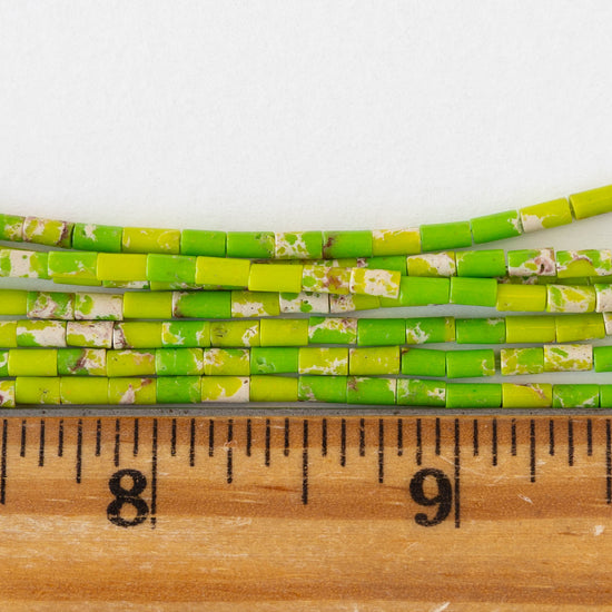 2.5x4mm Synthetic Impression Jasper Tiny Tube  Beads - Green - 15 inch strand ~85 beads
