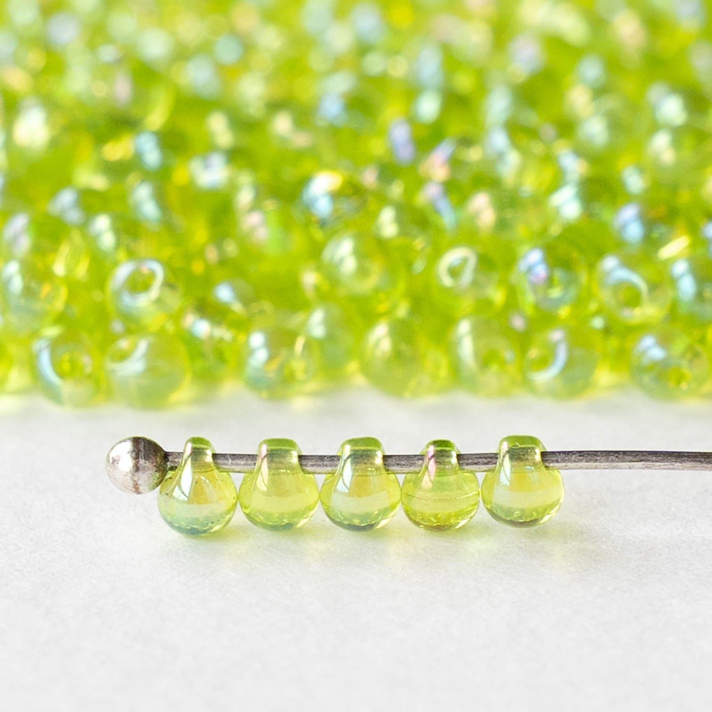 2.8mm Glass Magatama Teardrop Beads - Lime AB - 10 or 20 grams