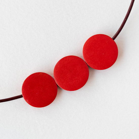 20mm Wooden Coin Beads - Red - 10 beads
