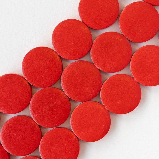 20mm Wooden Coin Beads - Red - 10 beads