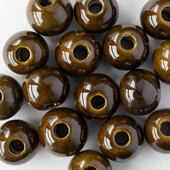 16mm Glazed Ceramic Round Beads - Olive - 4 or 12 beads