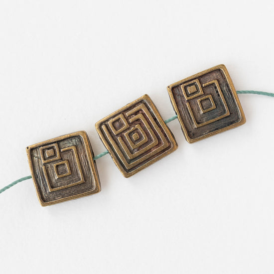 20mm Square Rune Beads - Antique Brass - 1, 2, or 6 beads