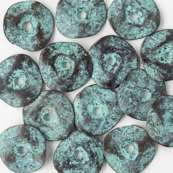 20mm Disk Beads - Green Patina - 2, 6, or 12 beads
