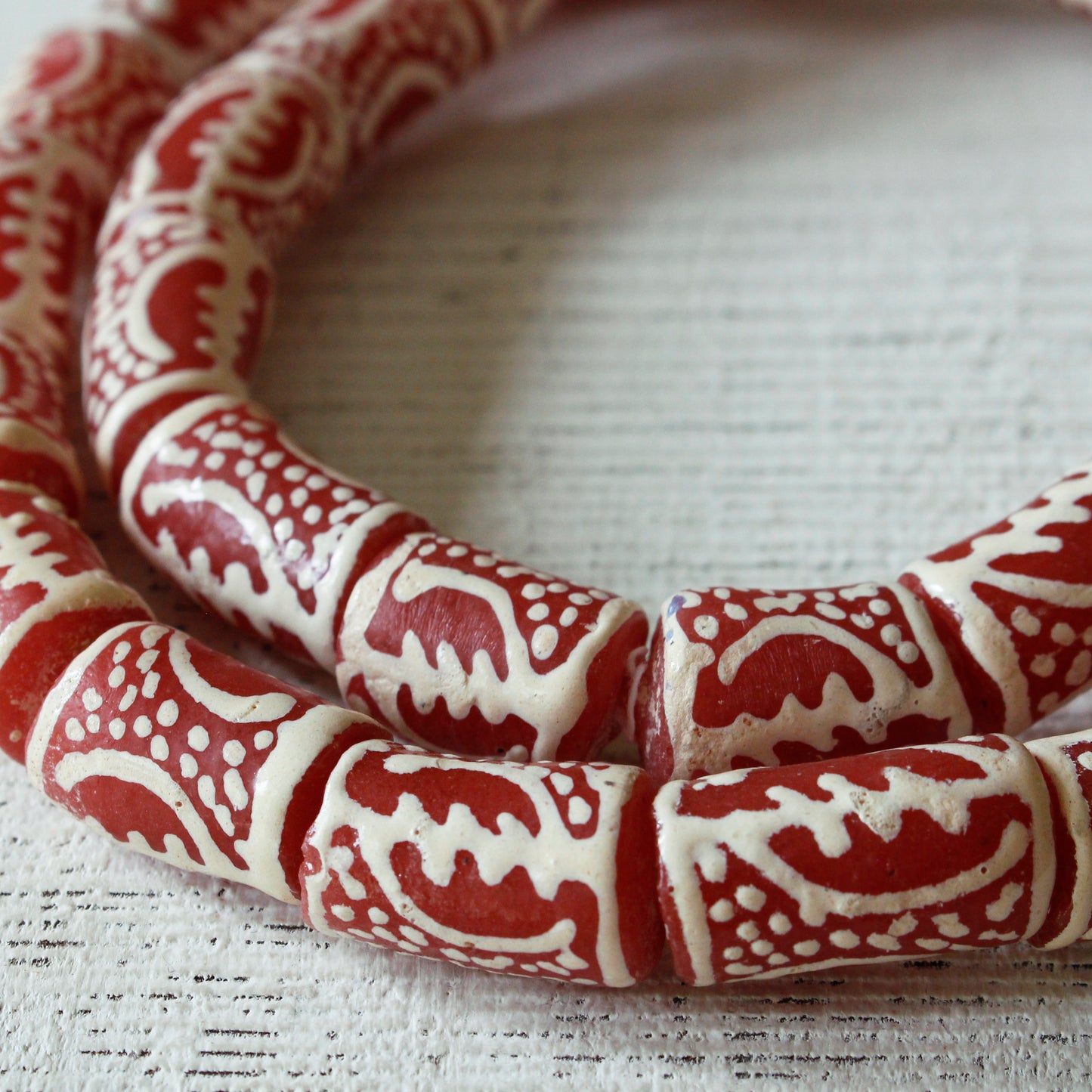 Painted Tube Beads From Ghana Africa - Large Hole - Red - 15 Beads
