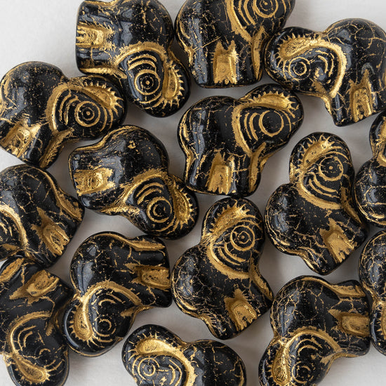 20x21mm Glass Elephant Beads - Black with Gold Decor