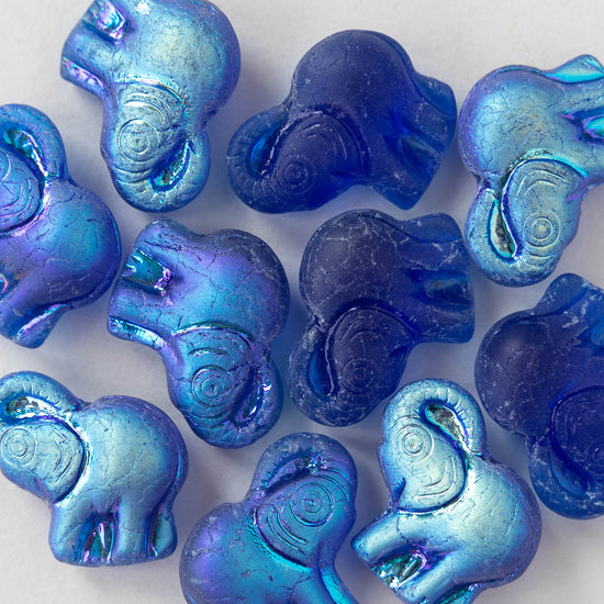 Glass Elephant Beads - Sapphire Blue Iridescent - 4 beads