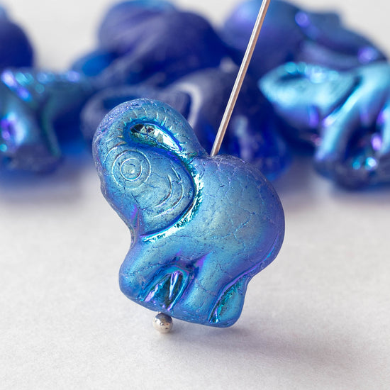 Glass Elephant Beads - Sapphire Blue Iridescent - 4 beads