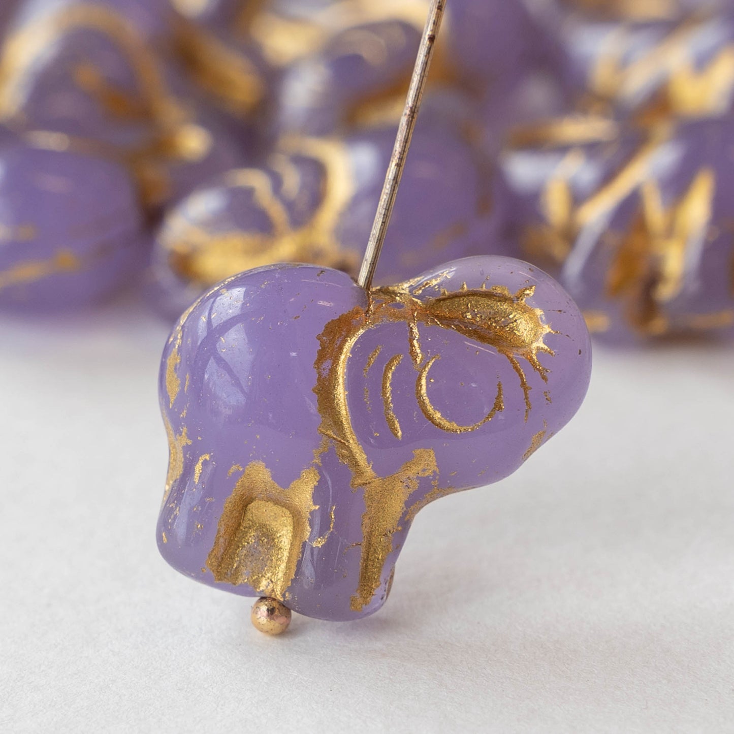 20x21mm Glass Elephant Beads - Lavender with Gold Decor