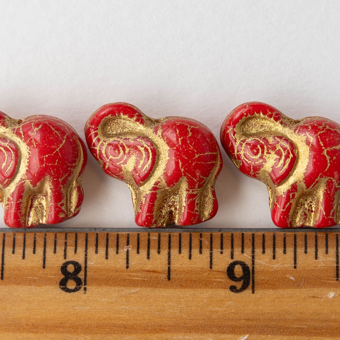 20x21mm Glass Elephant Beads - Red with Gold Decor - 5, 10 or 20