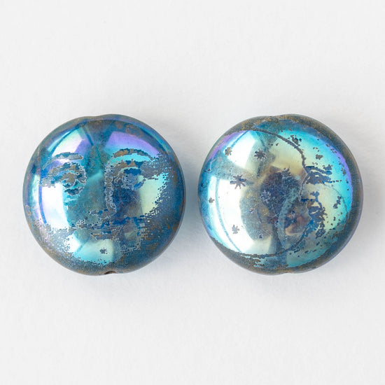 20mm Glass Lense Beads - Blue Sun and Moon- 4 beads