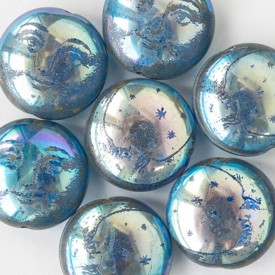 20mm Glass Lense Beads - Blue Sun and Moon- 4 beads