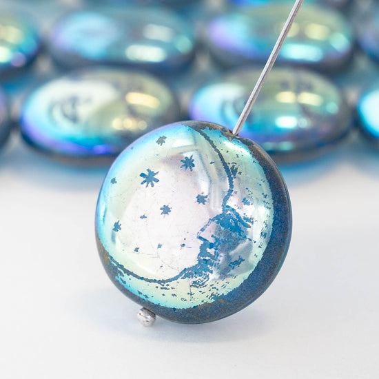 20mm Glass Lense Beads - Blue Sun and Moon- 4 beads