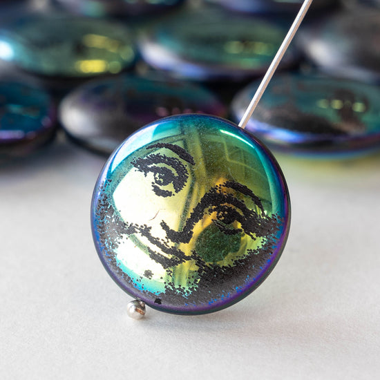 20mm Glass Coin Beads - Moon Design - 4 beads