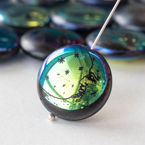 20mm Glass Coin Beads - Moon Design - 4 beads