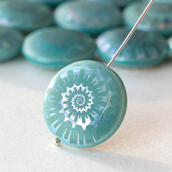 20mm Spiral  Coin Beads - Opaque Blue Turquoise AB - 2 beads