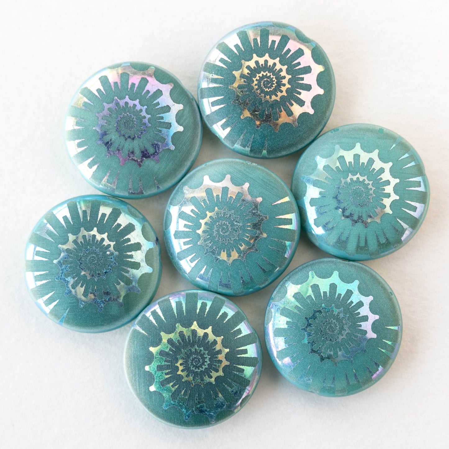 20mm Spiral  Coin Beads - Opaque Blue Turquoise AB - 2 beads