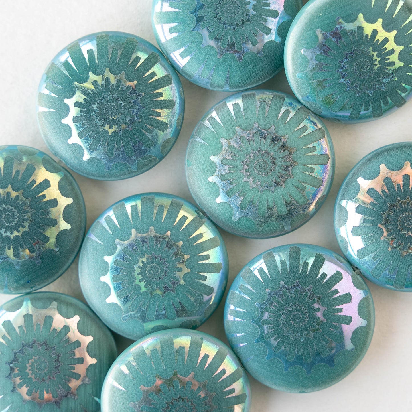 20mm Spiral  Coin Beads - Opaque Blue Turquoise AB - 2 beads