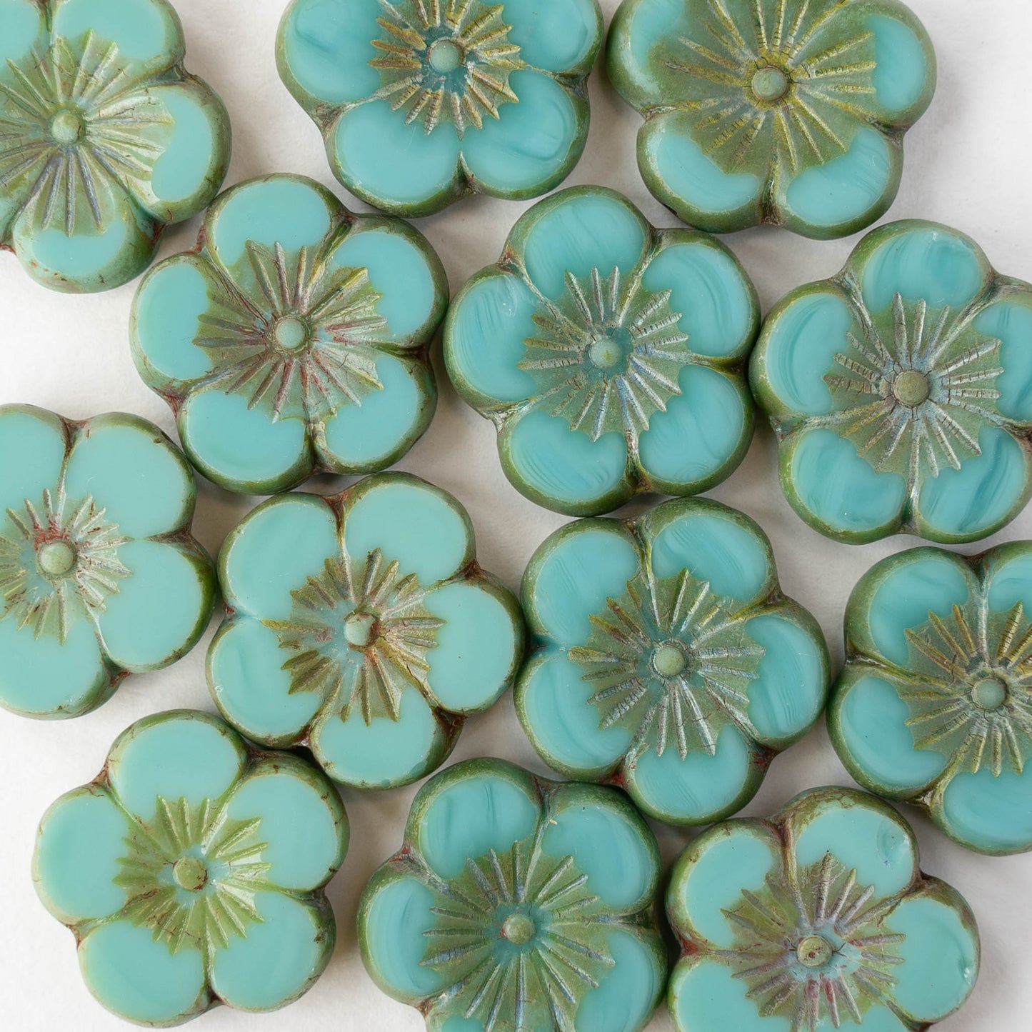 21mm Table Cut Hibiscus Flower Beads - Turquoise Picasso  - 2 or 6 beads