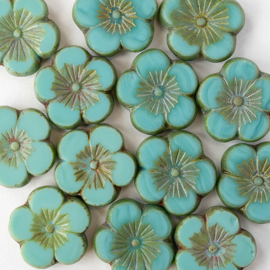 21mm Table Cut Hibiscus Flower Beads - Turquoise Picasso  - 2 or 6 beads