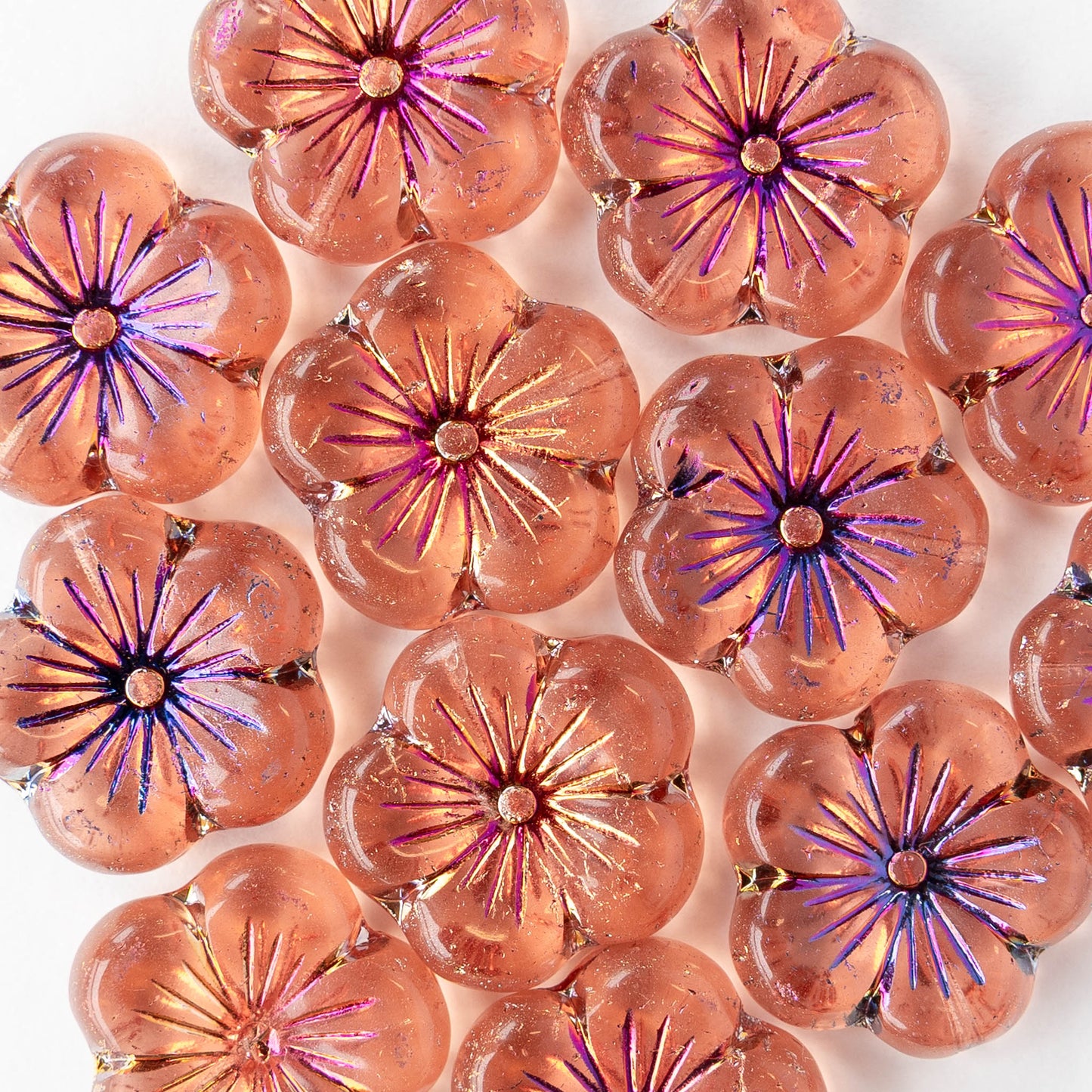 21mm Glass Flower Beads - Peach with Iris Wash  - 2 or 6 beads