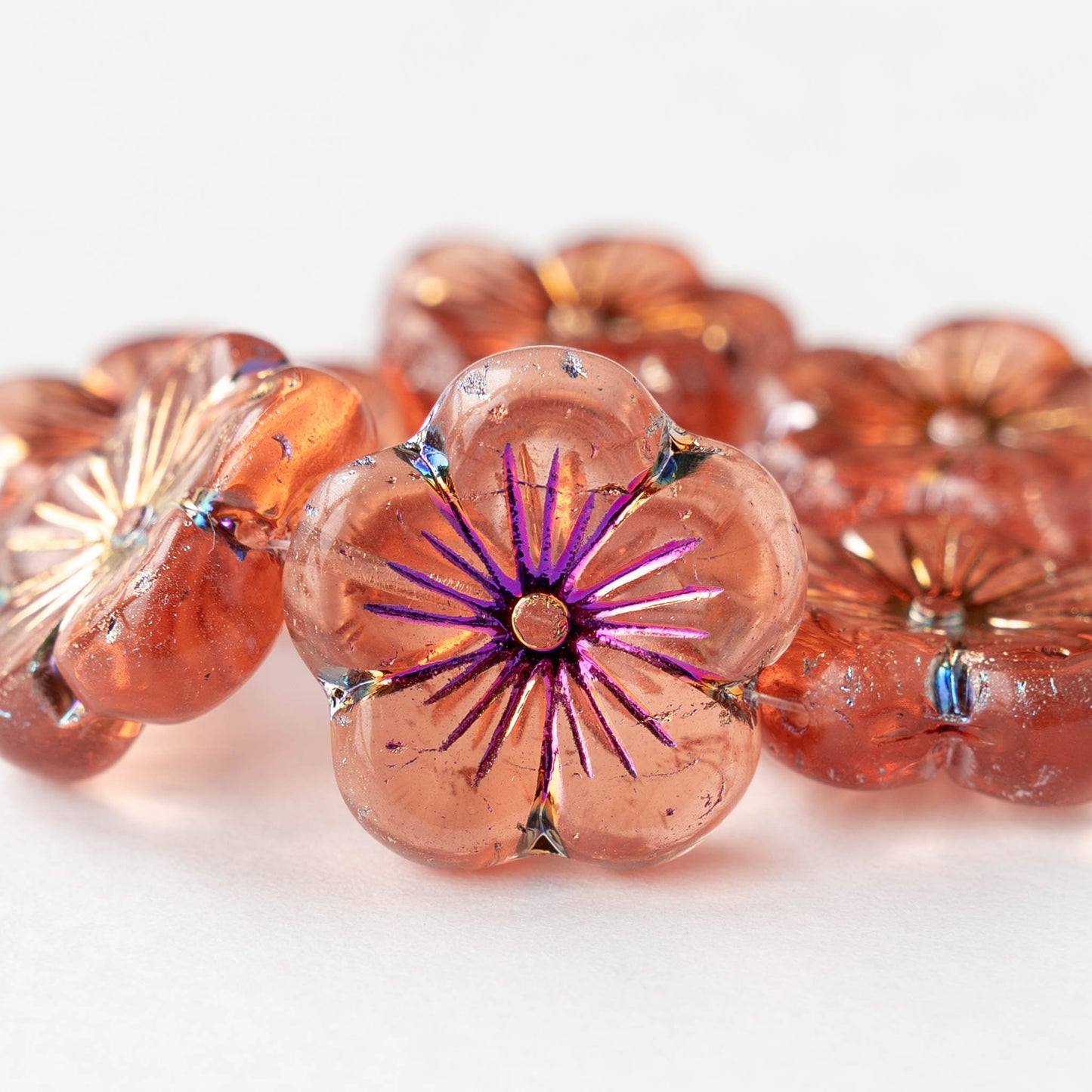 21mm Glass Flower Beads - Peach with Iris Wash  - 2 or 6 beads