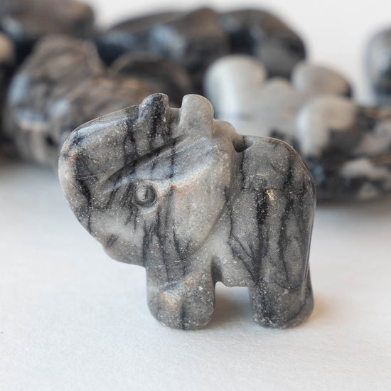 Carved Stone Elephant Bead - Zebra Jasper - Lucky Elephant Beads (2 beads) ~23x21mm