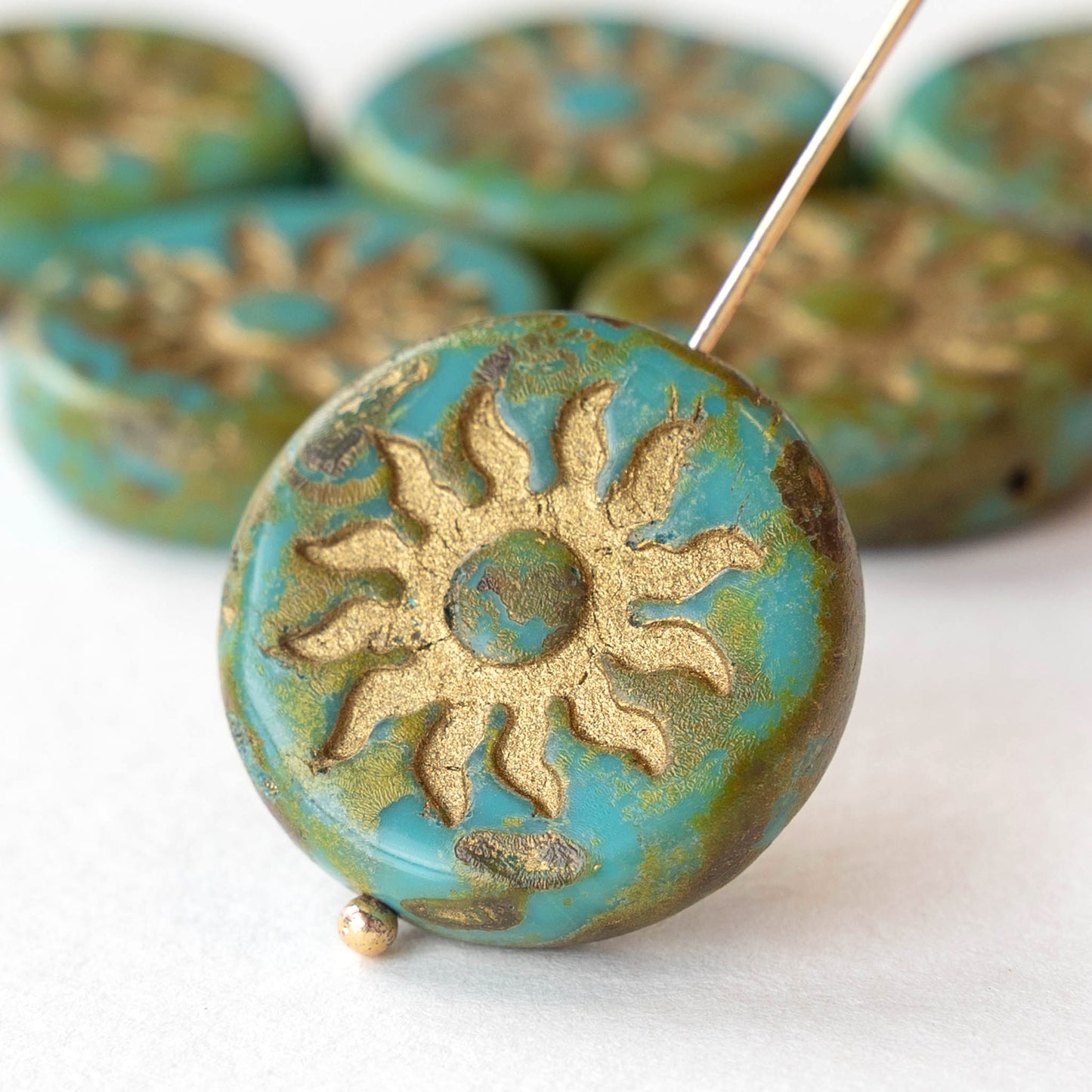 22mm Sun Coin Beads - Opaque Turquoise Picasso - 1 Bead