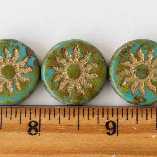 22mm Sun Coin Beads - Opaque Turquoise Picasso - 1 Bead