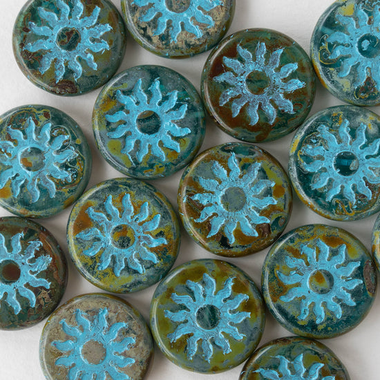 22mm Sun Coin Beads - Mixed Turquoise with Aqua Sun - 1 Bead